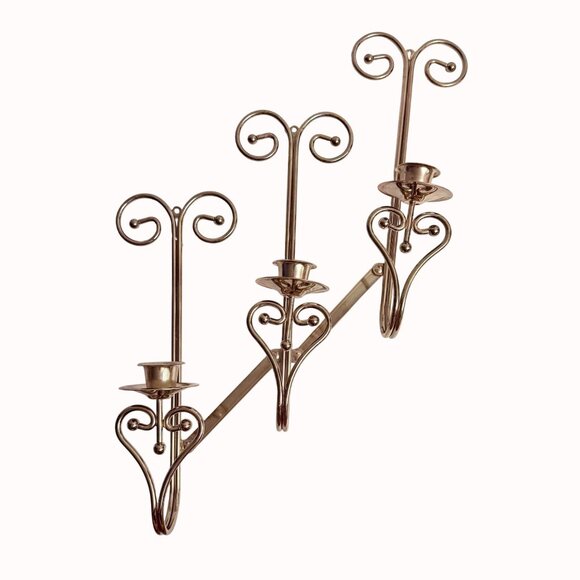 Hollywood Regency Brass Wall Sconce Triple Taper Candle Holder VTG 70s Elegant - Picture 15 of 15